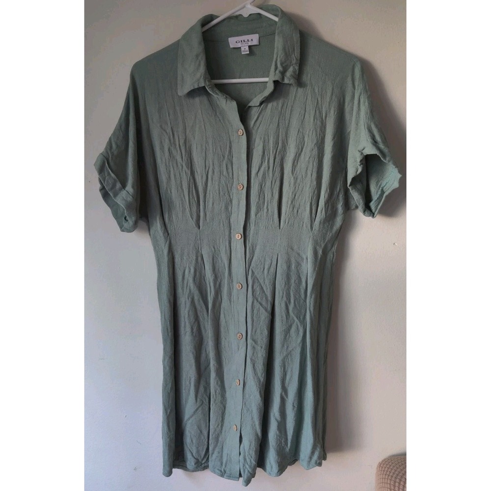 Gilli Women's Half Cuff Sleeve Button Down Knee Length Dress Olive Green Size M
